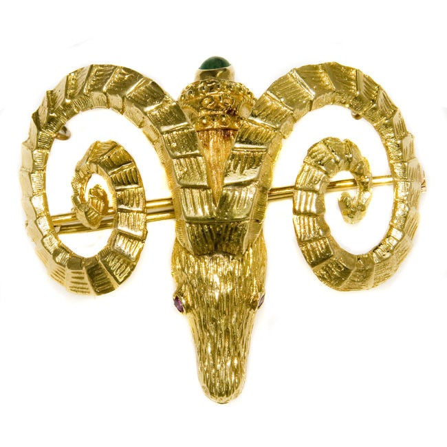 18K Yellow Gold and Gem set Ram Brooch by Zolotas