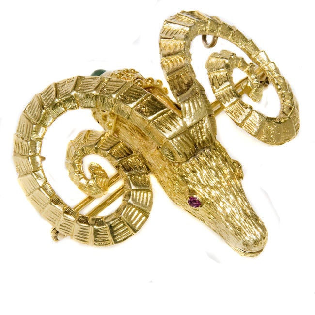 Wonderful textured 18K yellow gold Ram Brooch by Greek Jewelry Designer Zolotas set with Rubies and Emerald.