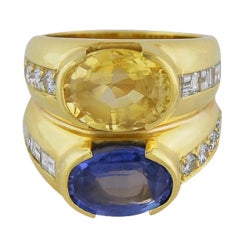 Unique Yellow and Blue Sapphire Ring with Diamonds