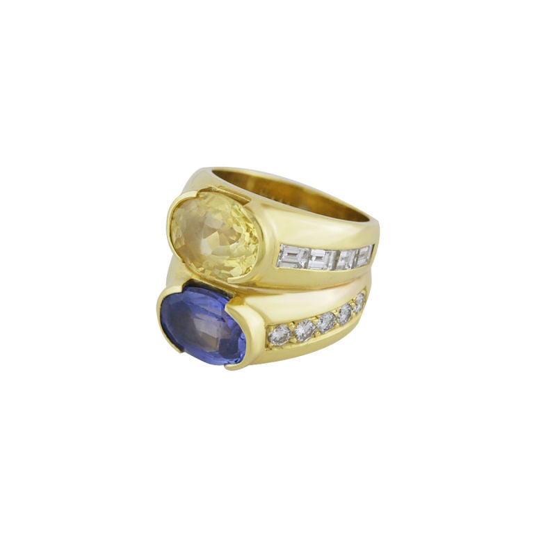 Unique Yellow and Blue Sapphire Ring with Diamonds