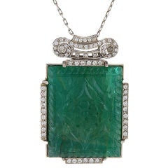 Enchanting Carved Emerald and Platinum Necklace