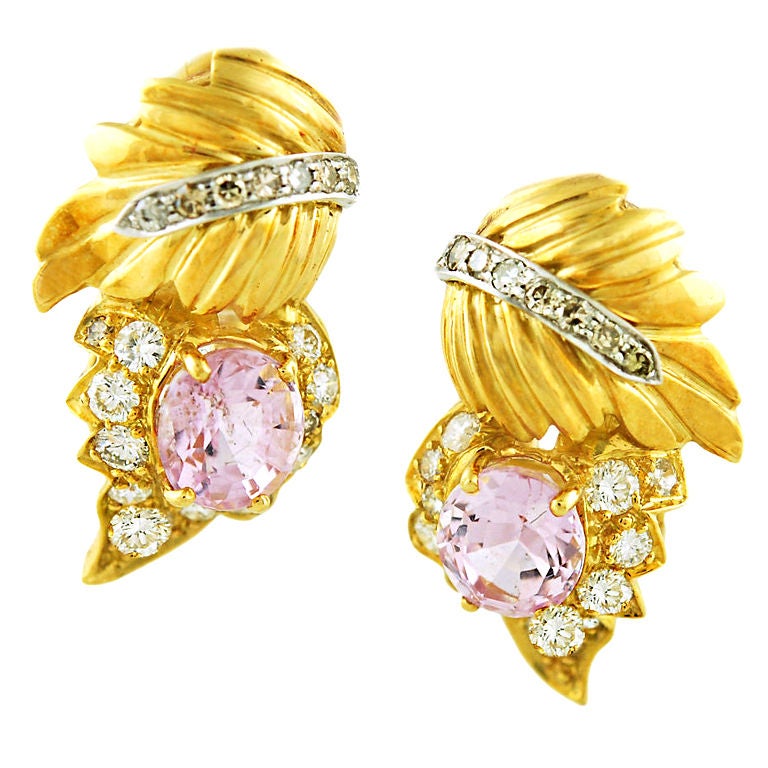 Pink Kunzite, Diamond and Gold Earrings For Sale