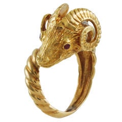 Sculptural Gold and Ruby Ram's Head Ring