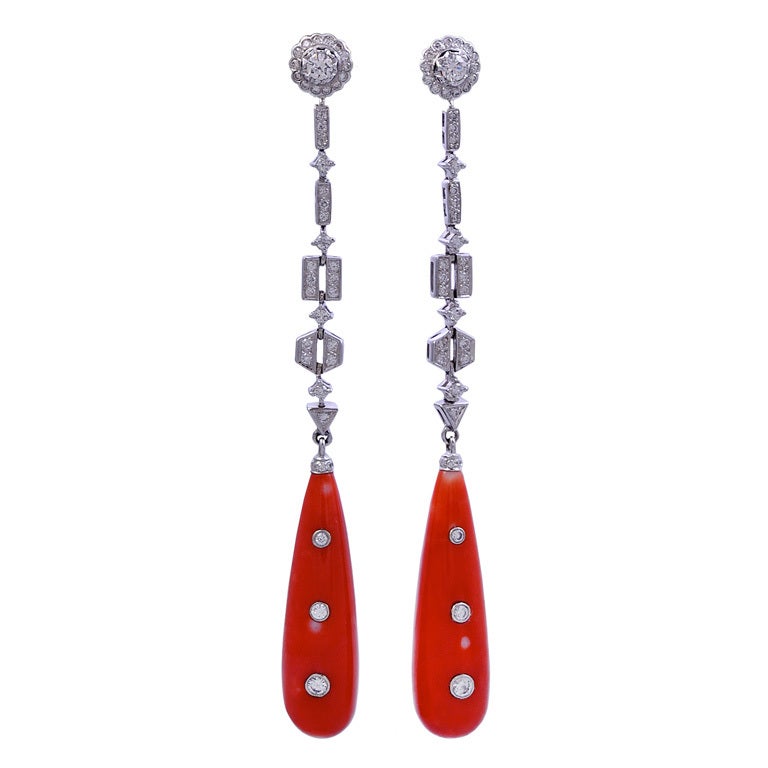 Coral and Diamond Earrings For Sale