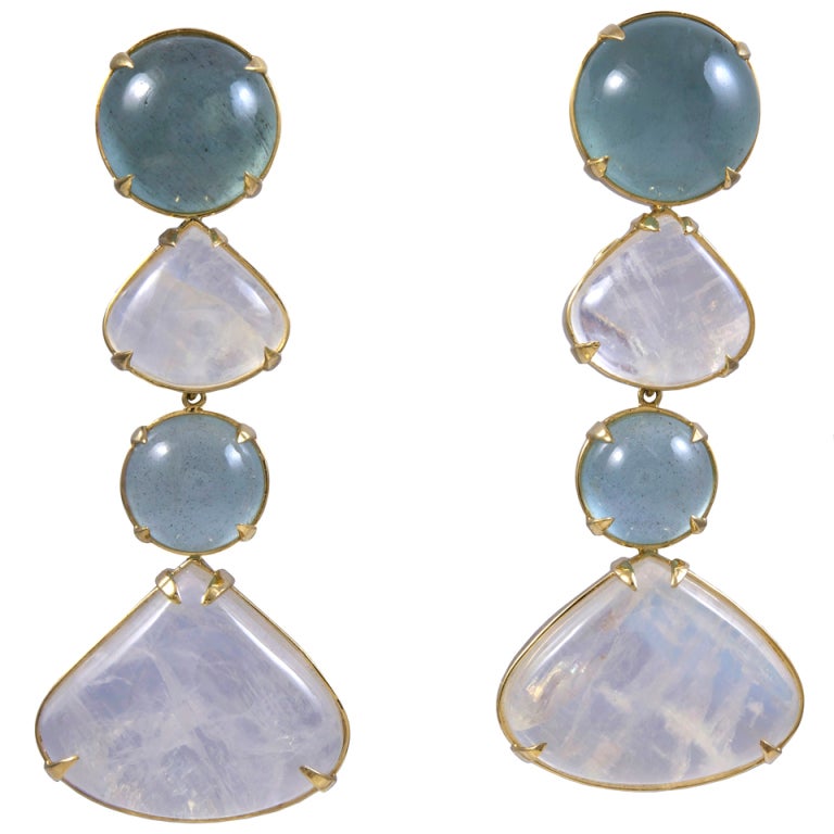 Gold Earrings with Moonstones and Quartz For Sale
