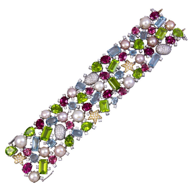 Colorful Bracelet with Pearls, Tourmalines and Diamonds For Sale