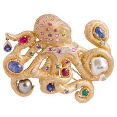 Multi-Gem Octopus Brooch