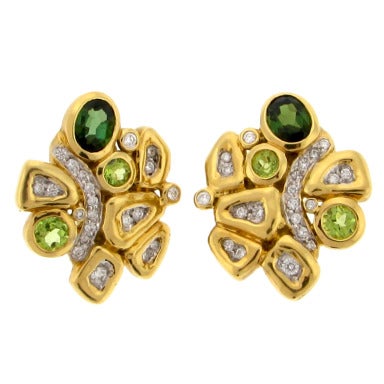 Retro Seidengang Gold Diamond Green Tourmaline and Peridot Earrings
