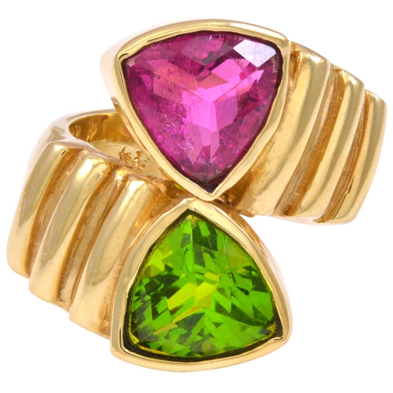 Gold Green Peridot and Pink Tourmaline Ring For Sale