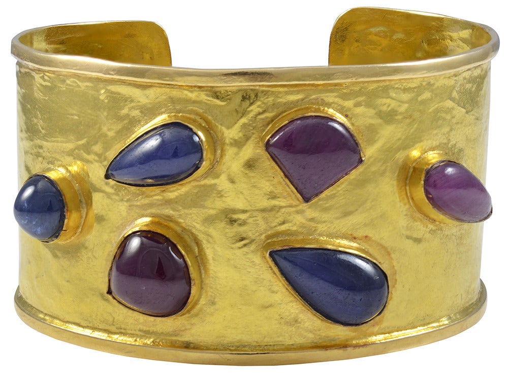 22k gold wide cuff bracelet with sapphires and rubies