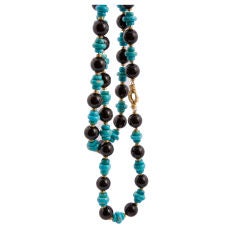 Turquoise, Onyx, Diamond and Gold Long Necklace