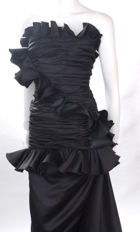 Vintage Victor Costa Black Satin Evening Gown For Sale 1