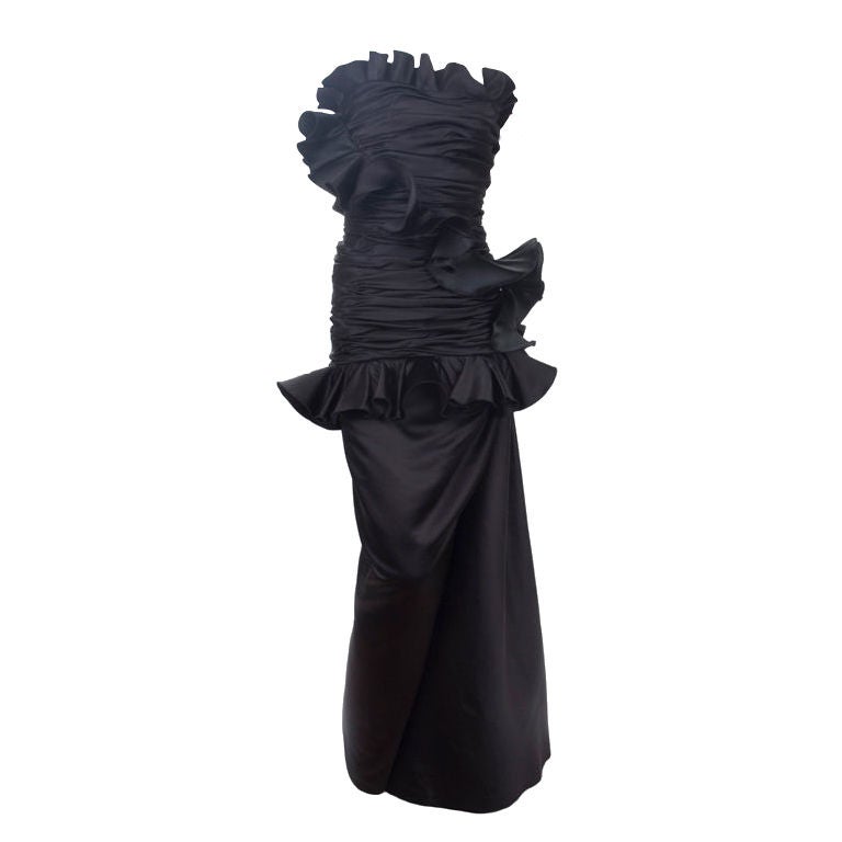 Vintage Victor Costa Black Satin Evening Gown For Sale