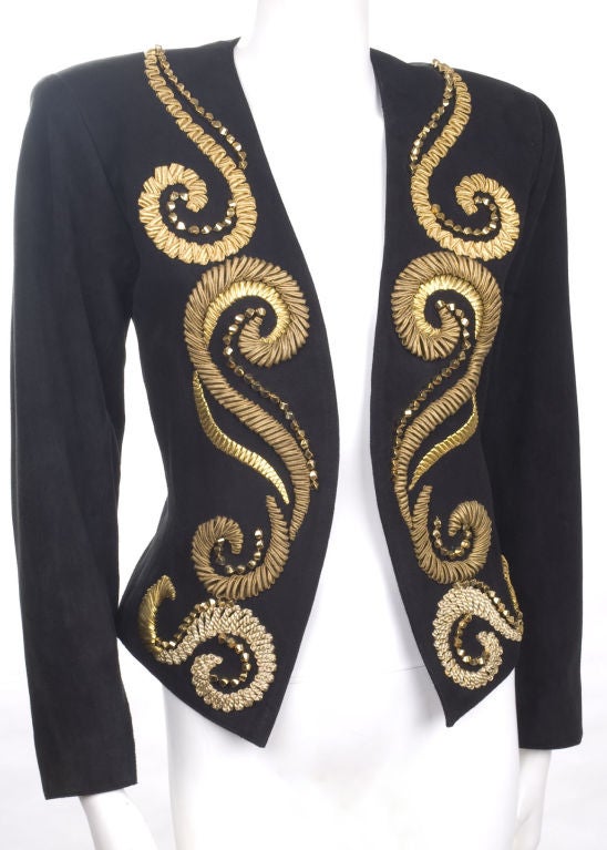 Yves Saint Laurent Black Calf Leather Jacket.
Amazing gold embroidery and beautiful buttons at the sleeves.

Size 38 EU = 6/8 US
Measurements:
Length 20