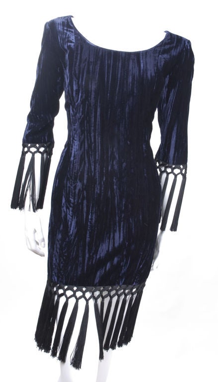 ***  I’m in Europe from July 25th to August 26th –
Please send your inquires by e-mail and 
I get back to you as soon as possible.  ***

Yves Saint Laurent Crash Velvet Cocktail Dress.
Blue velvet with black tassels.

Size: 42 EU  about 6/8