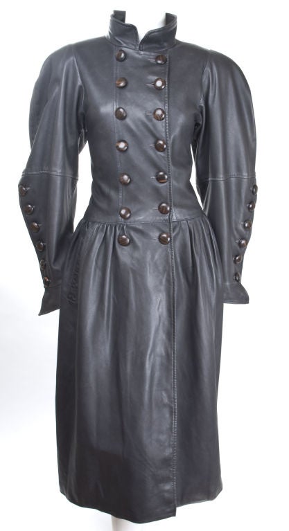1982 Yves Saint Laurent Leather Coat from the Russian Collection  in Charcoal <br />
<br />
Measurements:<br />
Length 46