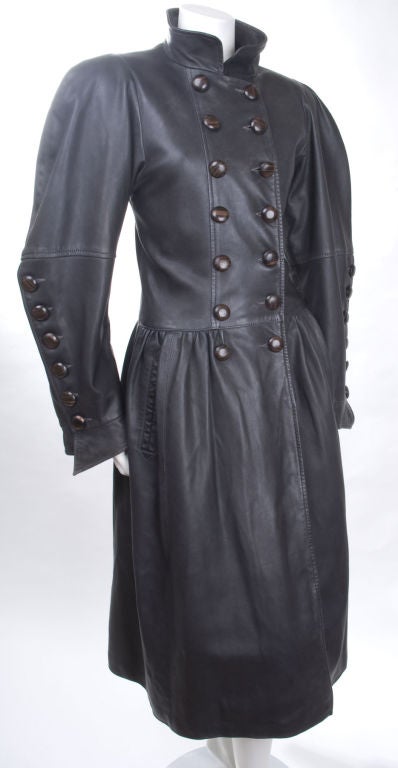 80's Yves Sain Laurent Russian Style Leather Coat in Charcoal 2