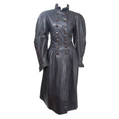 80's Yves Sain Laurent Russian Style Leather Coat in Charcoal