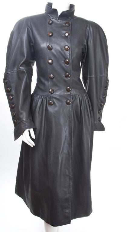 80's Yves Sain Laurent Russian Style Leather Coat in Charcoal 6
