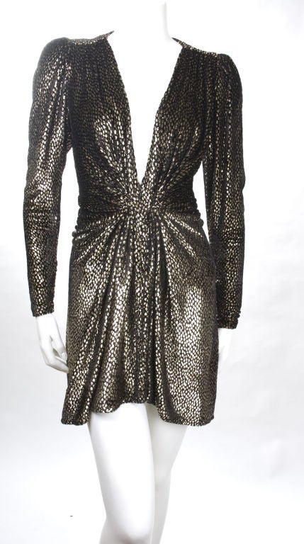 1970's Givenchy Gold Velvet Mini Dress<br />
<br />
Measurement:<br />
Length front 31