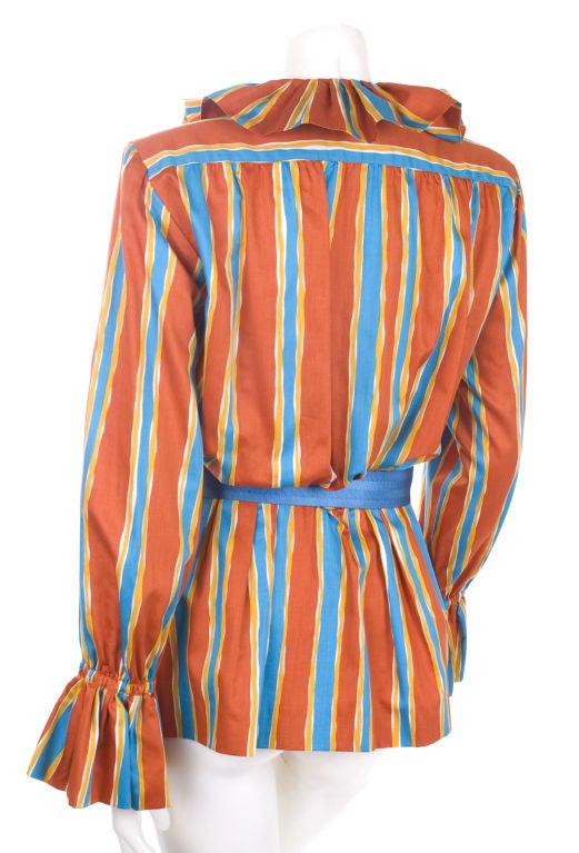 Orange Vintage 80s Yves Saint Laurent Cotton Striped Blouse & Belt  For Sale
