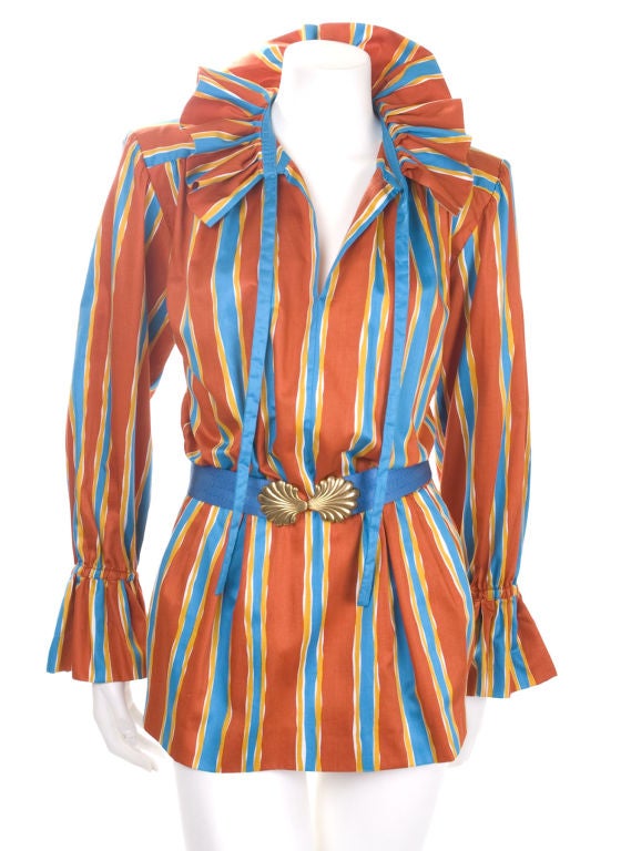 Women's Vintage 80s Yves Saint Laurent Cotton Striped Blouse & Belt  For Sale