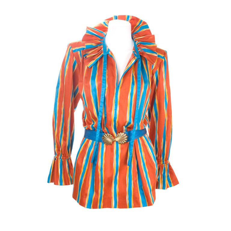 Vintage 80s Yves Saint Laurent Cotton Striped Blouse & Belt  For Sale