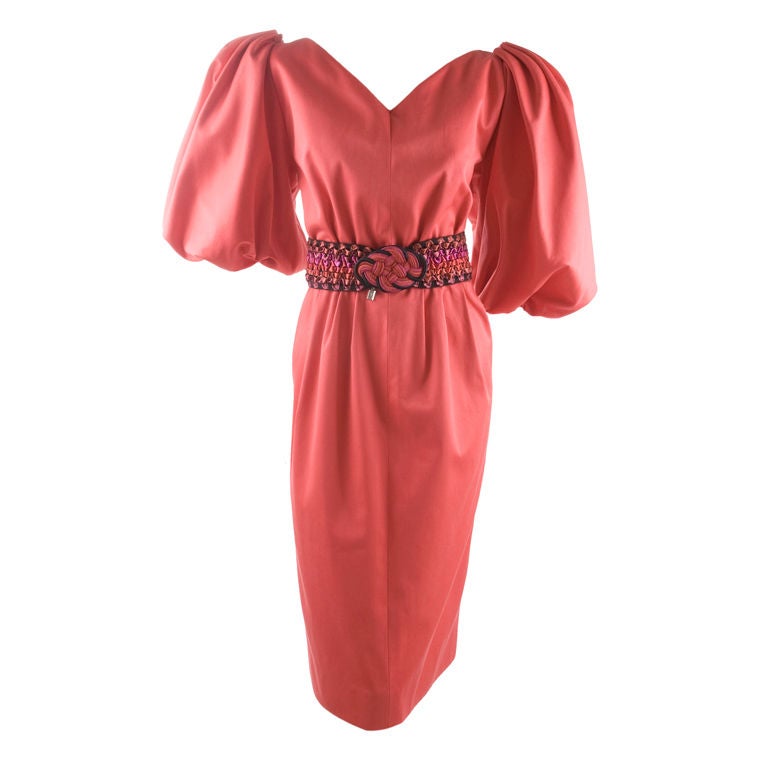 Vintage 80's Yves Saint Laurent Red Cotton Dress with Belt For Sale