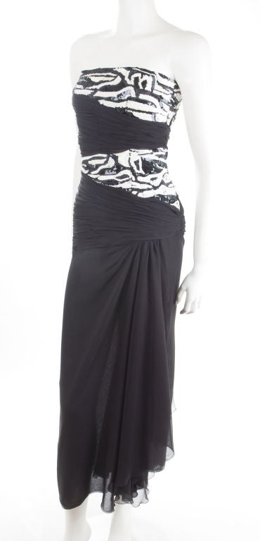 Women's Vintage 80's Scherrer Boutique Silk Cocktail Dress Black, Creme and White For Sale