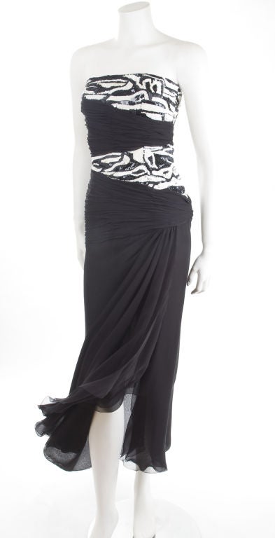 Vintage 80's Scherrer Boutique Silk Cocktail Dress Black, Creme and White For Sale 1