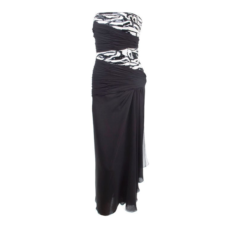 Vintage 80's Scherrer Boutique Silk Cocktail Dress Black, Creme and White For Sale