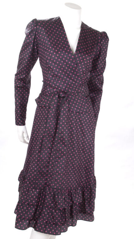 Black Vintage 1984 Yves Saint Laurent 2 Piece Faille Silk Dress in Navy & Pink Dots For Sale