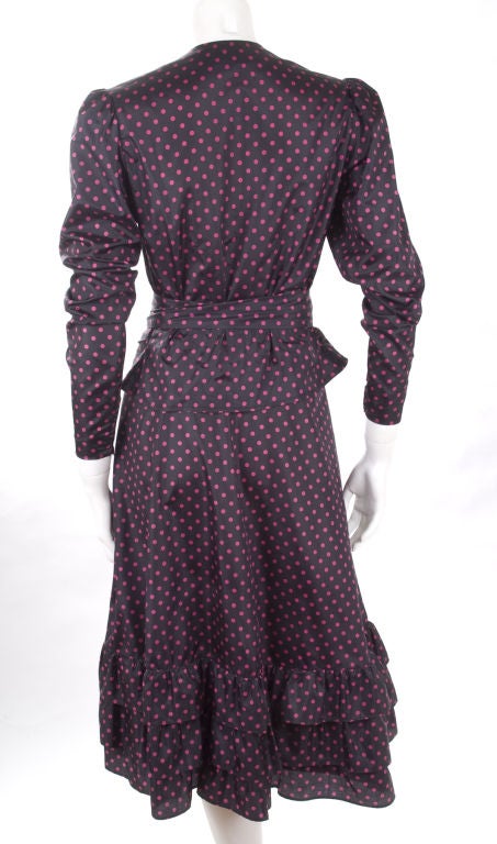 Women's Vintage 1984 Yves Saint Laurent 2 Piece Faille Silk Dress in Navy & Pink Dots For Sale