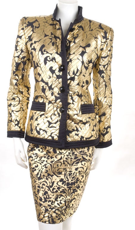 80's Yves Saint Laurent Gold Print Suit
Size 40 EU - about 6 US

Measurements:
Skirt - length 23