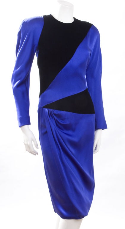 Jacqueline de Ribes Royal Blue Silk and Black Velvet Dress 1