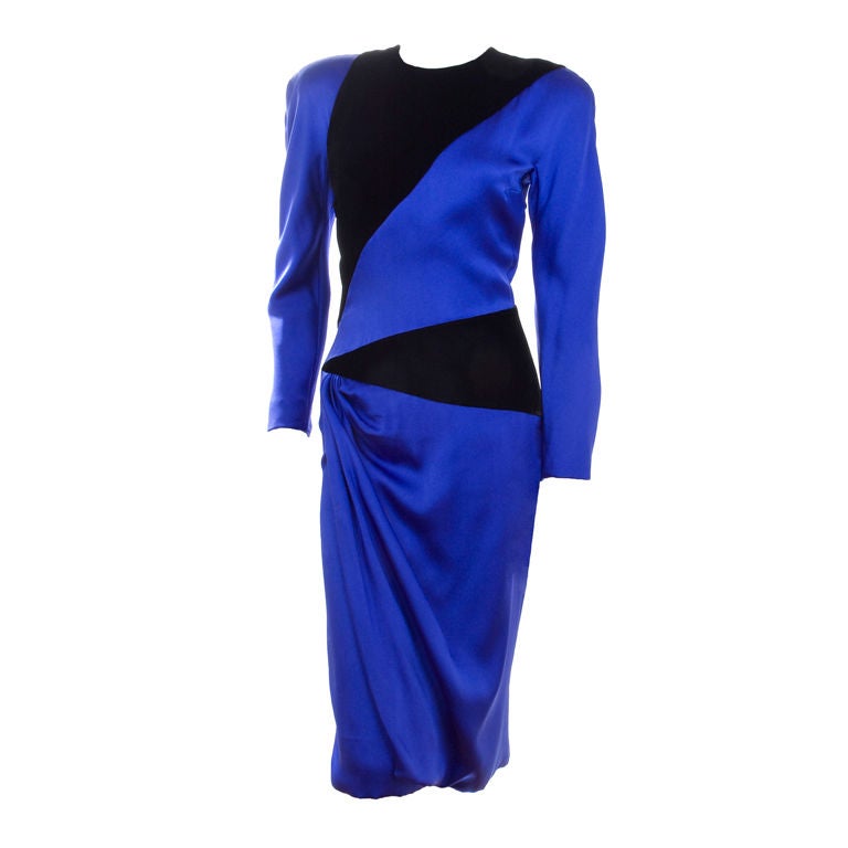 Jacqueline de Ribes Royal Blue Silk and Black Velvet Dress