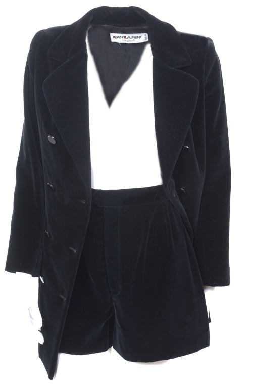 Black 70's Saint Laurent Velvet Hot Pants Suit