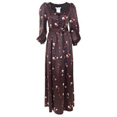 1969 Yves Saint Laurent Maxi Satin Dress In Brown with Flower Print