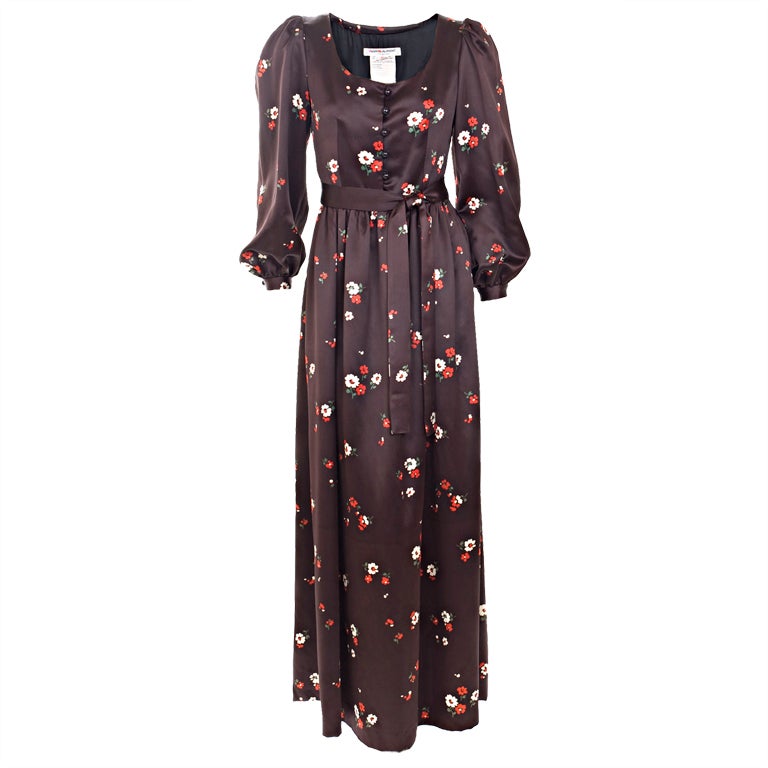 1969 Yves Saint Laurent Maxi Satin Dress In Brown with Flower Print For Sale