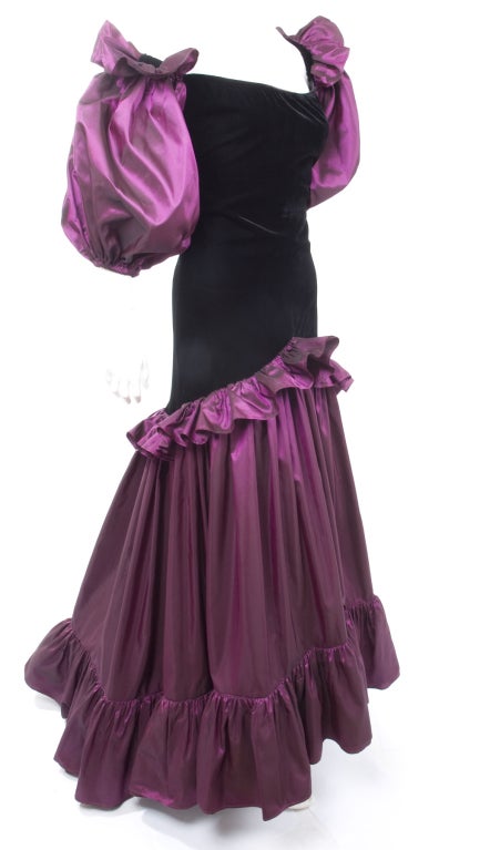 Women's Vintage Yves Saint Laurent Orchid Taffeta and Black Velvet Evening Dress For Sale
