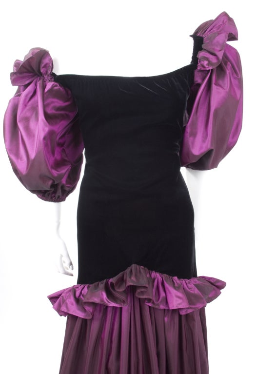 Vintage Yves Saint Laurent Orchid Taffeta and Black Velvet Evening Dress For Sale 1