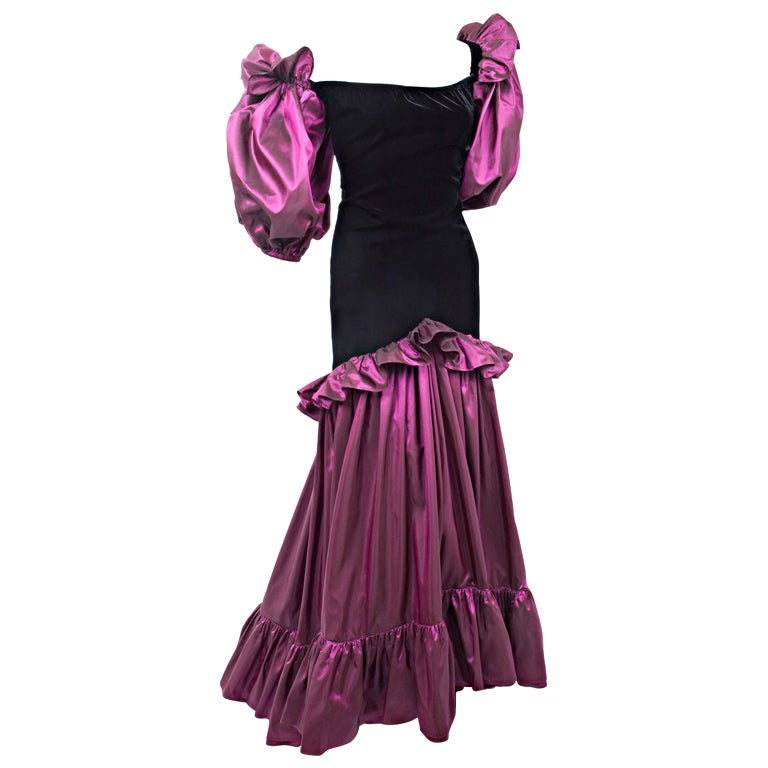 Vintage Yves Saint Laurent Orchid Taffeta and Black Velvet Evening Dress For Sale