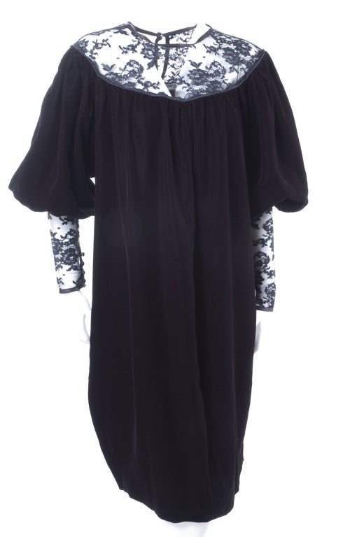Women's 1982 Yves Saint Laurent Black Velvet and Black Lace Balloon Dress For Sale