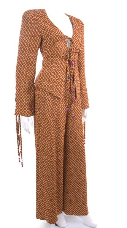 Brown Vintage 80s Gres Pant Suit in Amber with Yellow Smal Flowers For Sale