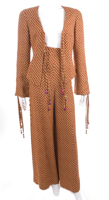 Vintage 80s Gres Pant Suit in Amber with Yellow Smal Flowers For Sale 1