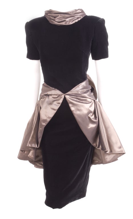 Women's Vintage 80's Jacqueline de Ribes  Black Velvet Cocktail Dress with Bronze Silk  For Sale