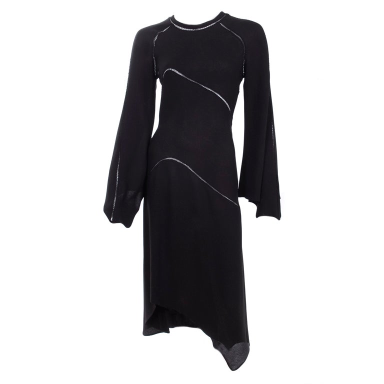 1971 Ossie Clark Black Dress with Hemstitch Seams For Sale