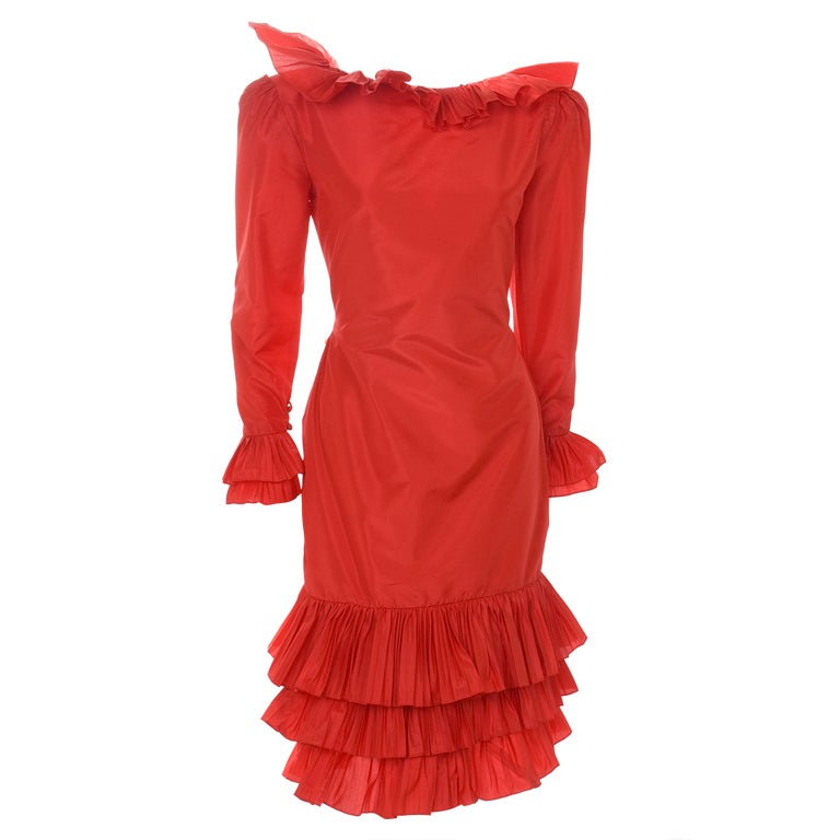 80's Vintage Bill Blass Couture Red Silk Taffeta Dress Beautiful Back Detail For Sale