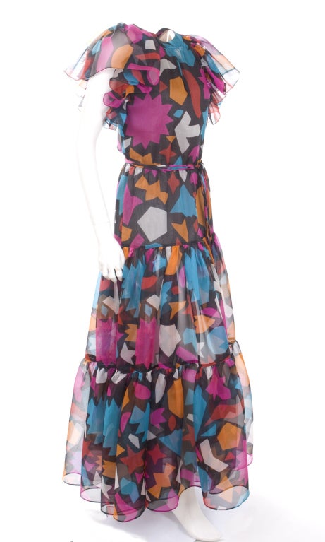 Women's Vintage Yves Saint Laurent Chiffon Evening Dress with Graphic Print For Sale