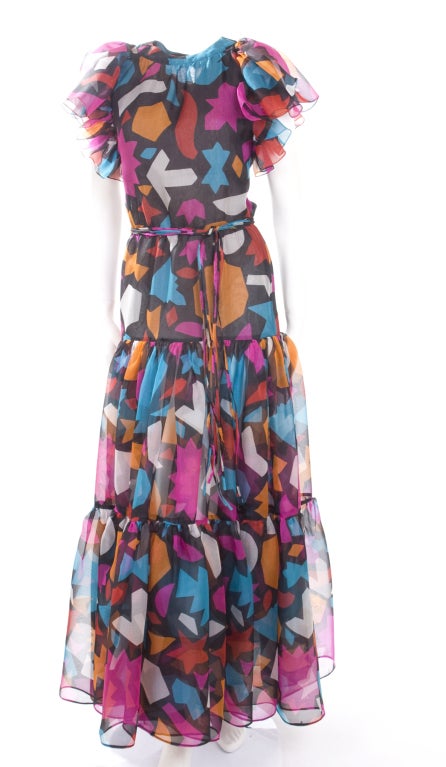 Vintage Yves Saint Laurent Chiffon Evening Dress with Graphic Print For Sale 1
